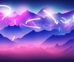 3d rendering. Abstract surreal background with rocky mountains, smoky clouds and glowing neon musical notes symbol. Panoramic spiritual wallpaper