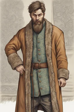 man, medieval, fighter, russian, croocked nose, czar, rich, simple clothes, short messy hair, thick beard, oligarch, brocade coat with fur, brocade clothes, pencil drawing, muscles, 20 years old, medival leather bootsspitz, gewand aus seide