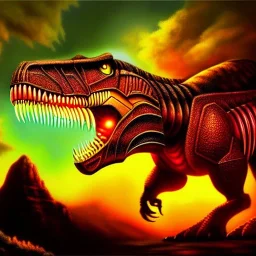 ultra detailed fullbody Portrait in oil on canvas of Dinobot T-rex ,extremely detailed digital painting, extremely detailed face,crystal clear Big Glowing eyes, mystical colors , perfectly centered image, perfect composition, rim light, beautiful lighting, 8k, stunning scene,extremely sharp detail, finely tuned detail, ultra high definition raytracing, in the style of robert e howard and pablo oliveira and Ken Kelley and Ohrai Noriyoshi and Simon Bisley and tom