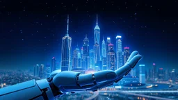 a big modern city as build In the open robotic hand ,blue sifi ,stars in dark night sky in background