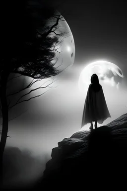 scene, black an white, forest fog, superbig full moon, woman on a rock, tim burton character, woman wiht cape and hood