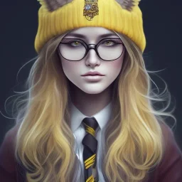 Girl with long wavy brown blond hair, yellow hawk eyes. Wears Hogwarts Hufflepuff uniform, sunglasses with a yellow clip. She has a snowy owl with yellow eyes on her shoulder.