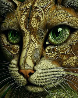 Detailed Surreal Portrait of cat with green eyes by Van Gogh in muted colors.