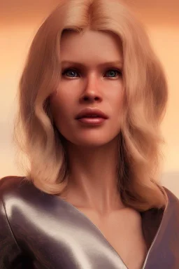 Ultra Realistic retro sci-fi scene, waist up view portrait, blonde woman, sweet young Claudia Schiffer face, perfect iris, glow eyes, makeup. Saturn background, Retro sci-fi style, helmet, tight latex coat, fog, rain, soft color, highly detailed, unreal engine 5, ray tracing, RTX, lumen lighting, ultra detail, volumetric lighting, 3d, finely drawn, high definition, high resolution.