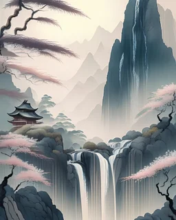 A serene landscape with a waterfall and misty mountains in the background, in the style of traditional Japanese painting, soft colors, flowing lines, intricate details, 8k resolution