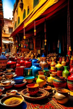 "Experience the rich and vibrant colors of a bustling Moroccan market as you sip on a steaming cup of Karak tea, infused with fragrant spices and served in a traditional glass."