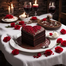 heart shaped chocolate cake, red and brown sprinkles, red roses lying beside cake, red wine, botanical, on romantically set table with white tablecloth, romantic cozy rustic dark wood and brick restaurant, candlelight soft light,, Visual for 3D hyperrealistic gourmet design, backlighting, white chocolate veiny drizzles, stunning