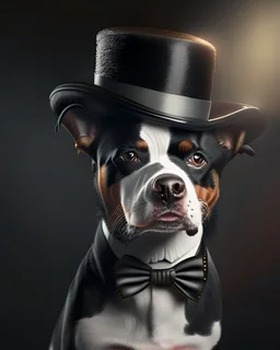 Perro con smoking sombrero elegante detallado cuerpo completo 4k