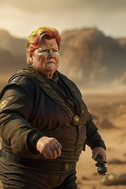 porrait of Erna Solberg making excuses as fat floating harkonen boss on elvated podium in a rocky desert scene from dune, shot on Hasselblad h6d-400c, zeiss prime lens, bokeh like f/0.8, tilt-shift lens 8k, high detail, smooth render, down-light, unreal engine, prize winning