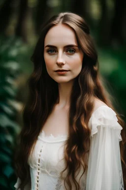 A bride in her twenties with long brown hair and big, beautiful eyes wears a long white dress with the details of the dress clearly visible