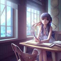 Anime girl studying in room, perfect face, window, nature, anime style, unreal engine 5, studio lighting --ar 2:1