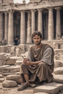 A Roman citizen of the third century, a 30-35-year-old man with kind eyes and a slight smile in poor clothes with a cross around his neck, sits on stones and writes on a papyrus scroll. He is sitting against the background of the ruins of Rome, against the background of the temple of Athena. High-quality 8K image in watercolor technique