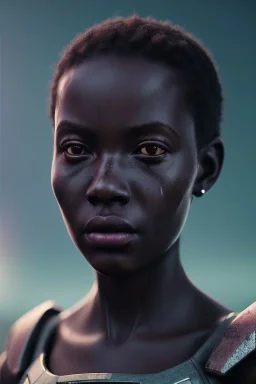 Beautiful portrait of african girl post-apocalypse robots in a cyberpunk city, sci-fi fantasy style, 8k,dark