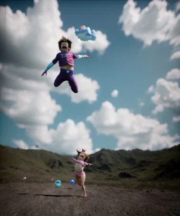 Ultra realistic clouds sky scene, wide angle, medium shot view, portrait, sweet Child, free jumping flying, trinkets, monster hair, jelly beans, balls, smile, happy, Peter Pan style, inflatable color clothing, extreme, wind, clouds sea, 20,000 feet altitude, stratosphere, soft color, highly detailed, unreal engine 5, ray tracing, RTX, lumen lighting, ultra detail, volumetric lighting, 3d, finely drawn, high definition, high resolution.