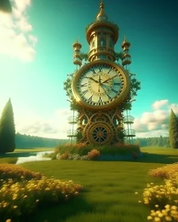 Create a 3d fractal base huge clock on a beautiful tower in a modern town with country houses and green field flowers , with see throgh golden gears rotating , showcasing a harmonious and synchronized movement. fast time passing in a beautiful nature environment