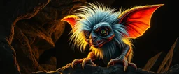 pen outline with some neon airbrush, glowing quickling gollum gremlin in the shadows with long fluffy white fur looking at insane cave painting, pin hole camera, in the style of Rembrandt
