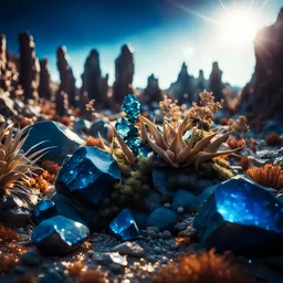 A striking photograh close-up captures a hyperrealistic wasteland with group of plants and glossy material, adorned with minerals and rocks. Bathed in intense light, eerie, giant blue sun, 8k, deep 3d field, rock formations, strong texture, extreme detail, intricate, colours, rich moody colors, sparkles, bokeh, 33mm photography