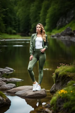 fullbody shot of young-beautiful-girl-with-a-perfect-face-with-make-up-wearing- sport pants and jacket standing ,geen hills ,nice nature environment ,wild flowers,clean water river with colorfull rocks in floor