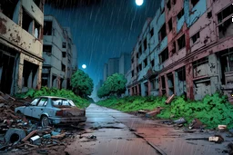 comic book style, zombie apocalypse abandoned ruined overgrown city seen from afar, rubble and trash on the sidewalk, destroyed buildings, large road with abandoned destroyed cars on it, night, rain