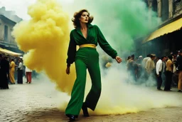 [iconic color photo by Helmut Newton] Her bended figure emerged from the chaos, surrounded by the swirling backdrop of yellow dust and billowing smoke that cloaked the attack in the bustling yellow market plaza. An Italian woman clad in plush green trousers and a worn velvet pull-over, her back heaving with urgency, navigated the labyrinthine alleys with a grace born of desperation.