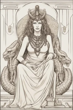 A mature Egyptian goddess with red hair and amber eyes, wearing a red silk gown and a necklace of scarabs. She is sitting on a throne made of gold, carved with the head of a wise and ancient dragon