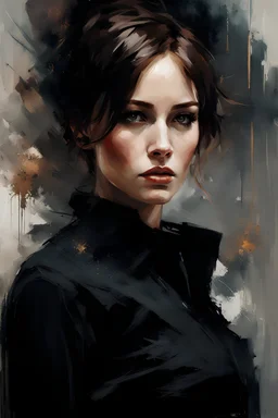 russian woman 26yo with short brown hair, wearing a black shirt with long sleeves and tactical pants :: dark mysterious esoteric atmosphere :: digital matt painting with rough paint strokes by Jeremy Mann Carne Griffiths Leonid Afremov, black canvas