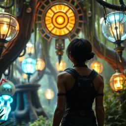 Scene from a modern fantasy live-action movie featuring the "Garden of Practicality", the Clockwork Forest Realm of Ix Chel, Cyberpunk style. At most one human being viewed from the back.
