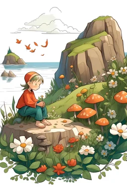 a little boy rests by the sea and has a forest and flowers and dwarfs next to him