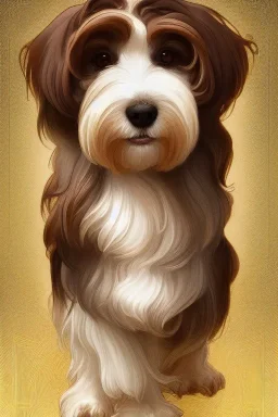 Beautiful detailed picture of a havanese with white and brown hair, radiant light, art nouveau, intricate, elegant, highly detailed, my rendition, digital painting, artstation, concept art, smooth, sharp focus, illustration, art by artgerm and greg rutkowski and alphonse mucha