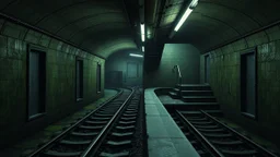 GAME CONCEPT ART .two poin perspective.Station platform and stairs from side .photograph inside of holeInside the old subway tracks, . Low light and closed green moss walls. Like the original design of the game space ,digital art.landscape,far camera old painting,2 Chen and George Hopper, Rembrandt lighting, a dark green color scheme, ethereal light. --ar 13:16 --v 6. 0 metro game