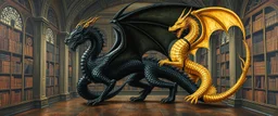 master oil painting by Escher and Giger, black dragon and golden dragon inside library