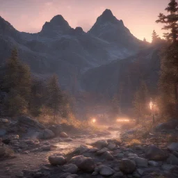 rocky mountain, sunset, realistic, render, 8k, hyper realistic, magic style