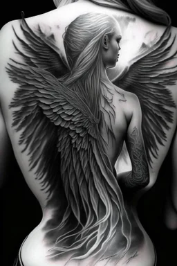 woman angel from back ultra realistic tattoo design