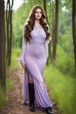 full body standing beautiful 20 year old girl with ash brown hair and blue eyes with her long hair down,curvy body , wearing a sleeved shirt and nice sarifon dress, and lilac long leggings, with long black boots full body shot,country side among trees