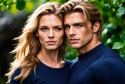 handsome man with light brown hair, tall muscular rugged handsome, wearing navy mechanics shirt, holding a beautiful delicate sweet young woman with honey colored hair wearing a pink sweater, close up shot, romantic, fine details, high resolution, attention to detail, eyes open, standing in front of a background with dense green foliage and vines