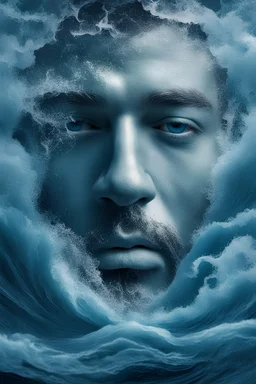 mysterious man's face made of blue sea waves