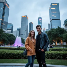 future modern city center park a pertty couple with modern clothing standing and posing to camera