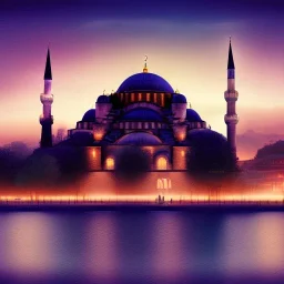 Sultanahmet Istanbul standing back to back under sky, landscape lake, sunset, illustration concept art anime