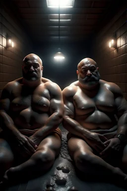 full body shot photography, two muscular chubby ugly burly marocan men , sweat, bulge, masculine hairy 54 year old man, bald, manly chest, curly beard ,big shoulders, big arms, big legs, bulge,, ambient occlusion , lying down sleeping in a steamy Sauna, super high resolution, 8k, dim light, side light, ultra hyper realistic, frontal view