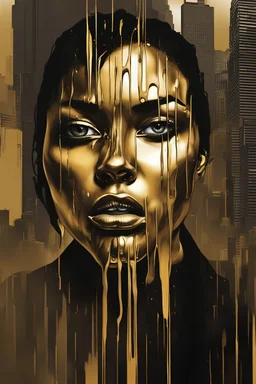 An exaggerated female face is the centerpiece, staring into the camera, with a bustling urban streetscape. The face appears to be melting, with golden liquid metal dripping from the eyes and lips, flowing over the incorporated city scene, creating a sense of movement and surrealism. The golden flow not only imparts a vivid sense of dynamism to the image, photorealistic.