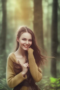 Beautiful smile of feminine girl in the forest in the 9AM in the morning ín 24K Resolutions, super HD, Professional PHOTOGRAPHY