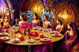 Fairies dining at a feast, glitter, detailed fractal gems, fractal crystals, intricate, hyperdetailed, complex 3D filigree, ornate, metal, by "Greg Rutkowski" hyper realistic, photorealistic, incredible composition, amazing depth, imposing, 16k, detailed art illustration, vibrant, by "Josephine Wall", "Brian Froud"