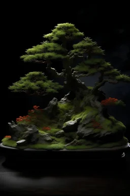 Bonsai Japanese maple realistic lichen and moss covered rocks cliff dramatic dark background