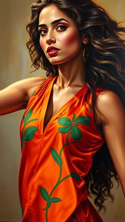 Hyper-realistic oil painting. Medium shot. Indian fitness woman in dynamic pose, wearing designer satin sleeveless deep-neck orange and green 3D floral kurta, long silky curly hair flowing behind her. Close-up. Vivid, warm color palette with golden lighting. Glossy lips, bright makeup, and shiny glowing skin. Intricate, textured brushstrokes. Reflective, luminous fabric. Rich, bold colors. Highly detailed, realistic, best quality. Inspirations from the works of Richard Estes and Ralph Goings. Hi