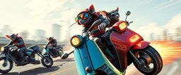 hi speed rocket ship on leaning scooter in a swing, coated rat gremlin captain in high speed pursuit among neon spy vs spy rat cyber soldiers, with background motion blur, airbrush and pen outline, in the style of Fallout 4 and Cyberpunk and GTA5, sun glasses with mirror reflection