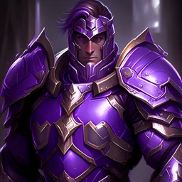 male paladin in purple armor, symbol on chest of an eye outline within gauntlet