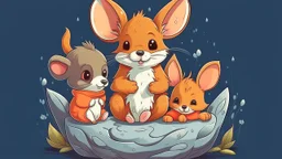 fantasy cartoon style illustration: A tiny mouse, bunny, and fox are sitting in one warm mitten.