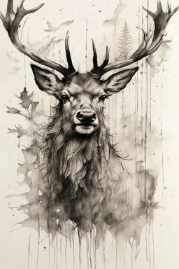 black and white sketch of a stag, ink drawing, woodland, white background, drawing by Carne Griffiths