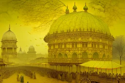 A light yellow metropolis with fans in a windstorm designed in Mehndi design painted by John Atkinson Grimshaw