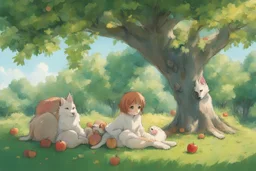 under an apple tree without human in summer. like studio ghibli